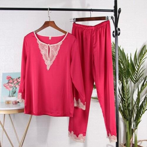 Summer New Satin Silk Women Pajamas Long Sleeve Trousers Suit Sexy Lace Pyjamas