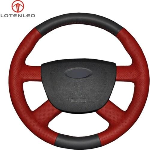 LQTENLEO Red Black Leather Car Steering Wheel Cover For Ford Kuga 2008-2011 Focus 2 2005-2011 Focus 3 2012-2014 C-MAX 2007-2010