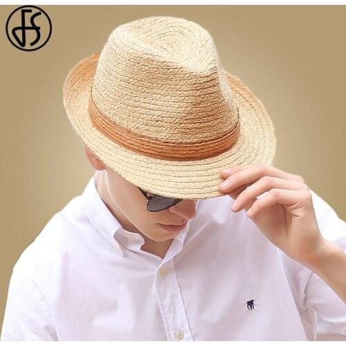 FS 2021 Summer Men Raffia Sun Hat Casual Vacation Panama Straw Hat Wide Brim Beach Jazz Hats Chapeau Ribbon Trilby Gentlemen
