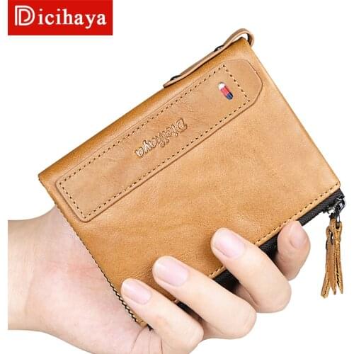 DICIHAYA Genuine Leather Men Wallets Credit Business Card Holders Double Zipper Cowhide Leather Wallet Soft Purse Carteira Walet