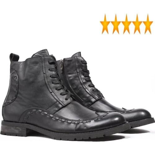 Genuine 2021 New Retor Vintage Leather Boots Men Sewing Zipper Lace Up Ankle Boot Brand Luxury Round Toe Man Casual Shoes