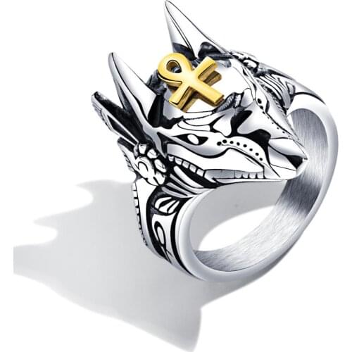 Retro Punk Anubis Beast Cross Stainless Steel Ring For Men gold Ankh Cross Design Animal Finger Ring Jewelry boy Gift size 7-12