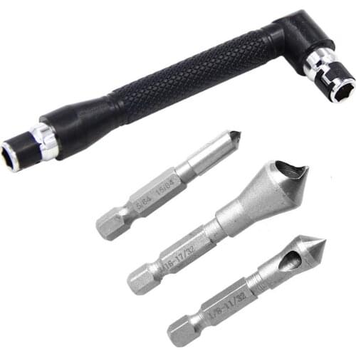 3pcs 5/64" 1/8" 3/16" Countersink Deburring Chamfer Drill Bits Tool Set for Wood 1/4" Hex Shank L-shape Socket Wrench Set
