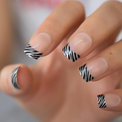 Zebra Stripes Nude French Fake Nails Nude Pink Glossy Press On Fingernail Square Wearable Acrylic Detachable Full False Nail Art