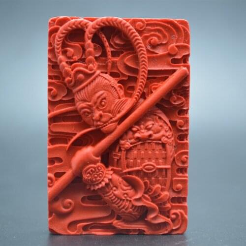 Natural Red Cinnabar Carved Stone Monkey King Square Pendant Fashion Jewelry