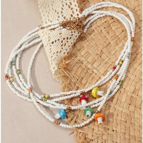 Bohemian sweet cool style colorful rice bead necklace female Japanese and Korean fashion sweet fun mushroom pendant necklace