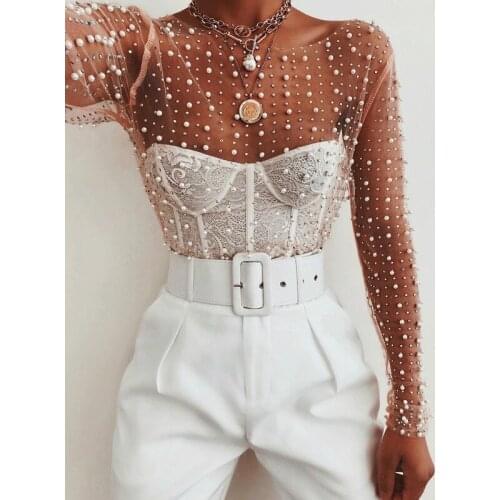 Pearl Beads Bling Rhinestone Perspective Cropped Top Summer Mesh T-shirt Ladies Party Beach Holiday Lace Top Streetwear Women