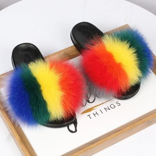 Womens Summer Real Fox Fur Slippers Fashion Fluffy Rainbow Slides Ladies Furry Open Toe Sandals Plush Flip Flops Female Shoes