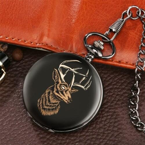 Elk Display Vintage Pocket Watch Quartz Smooth Black Pendant Pocket Clock Punk Cool Pocket Chain