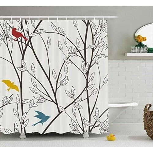 Nature Shower Curtain Birds Wildlife Cartoon Like Image with Tree Leaf Art Print Fabric Bathroom Decor with Hooks