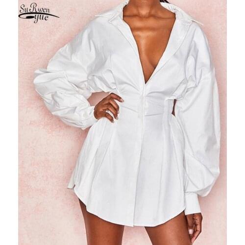 Female White Shirt European and American Style Ins Irregular Long Blouse Women Solid Color Sexy Deep-V Pleated Waist Blusa 12135