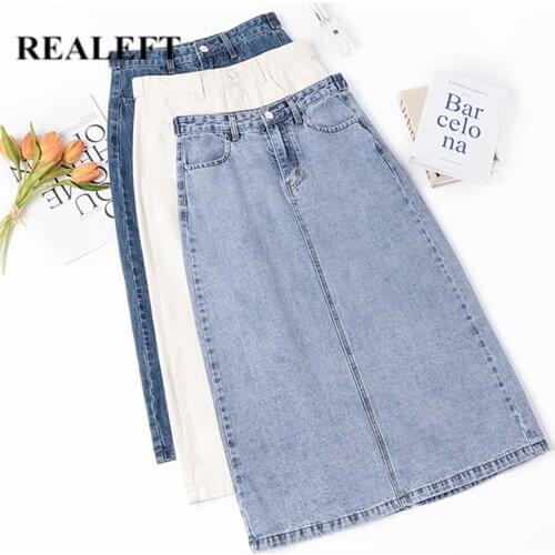 REALEFT 2021 Summer Long Jean Skirts Female Vintage High Waist Back Split Casual Loose Spring Midi Length A-Line Skirts Ladies