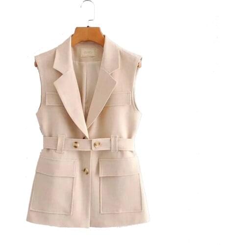 Elegant Tooling Style Women 2021 Fashion Solid Color Single-Breasted Belt Vest Coat Vintage Sleeveless Outerwear Female Chic Top