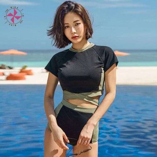 In The Wind 2021 New Two Pieces Swimsuit Black High Neck Tie Knot Back Padded Wireless Top with Black High Waist Bottom Swimsuit