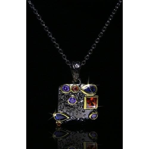 Bohemia Womens Black Gold Tungsten Pendant Necklace Dazzling Colorful Zircon Stone Sweater Chain Ethnic Retro Style Jewelry
