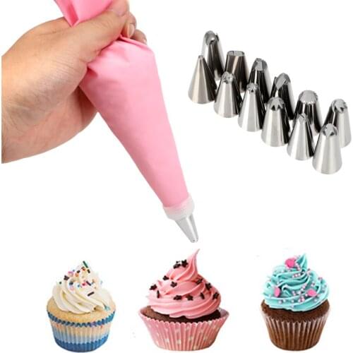 14pcs/set +12 Nozzle Sets Silicone DIY Cake Decorating Tool Icing Piping Cream Pastry Bag Reusable Pastry Tips Converter