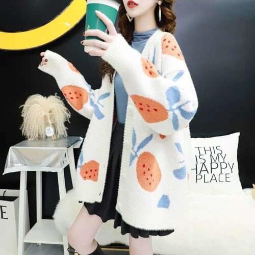 2021 Knit Plush Sweater Oversize Female Cardigan Fruit Printed Womens Sweater Coat Winter Loose Thicken Womens Cardigan Jacket