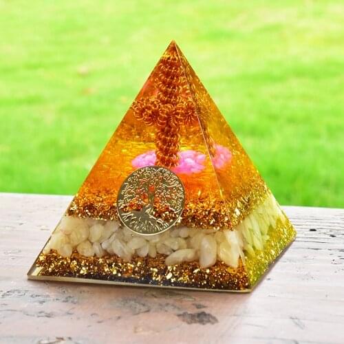 Large Citrine Orgonite Pyramid Pink Crystal Strong Copper Ring EMF Protection Organ For Develop Intellectual And Spiritual Power