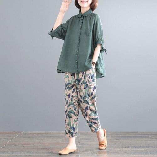 Pant Suits Women Summer New Korean Loose Plus Size Sets Thin Cotton Shirt+Trousers Suit Female Retro Two Piece Set Women Green