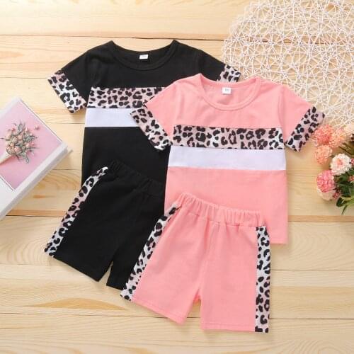 Summer Girls Stylish Casual Leopard Print Clothes Set Short Sleeve Round-neck T-shirt + Elastic Waist Shorts Sportswear