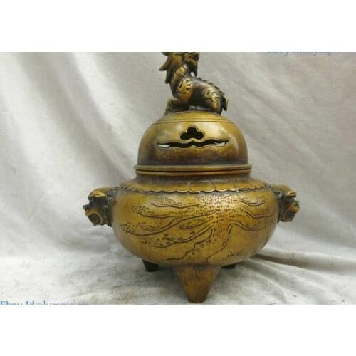 Fine brass censer China carved Foo Dogs Lion copper pine incense burner Statue