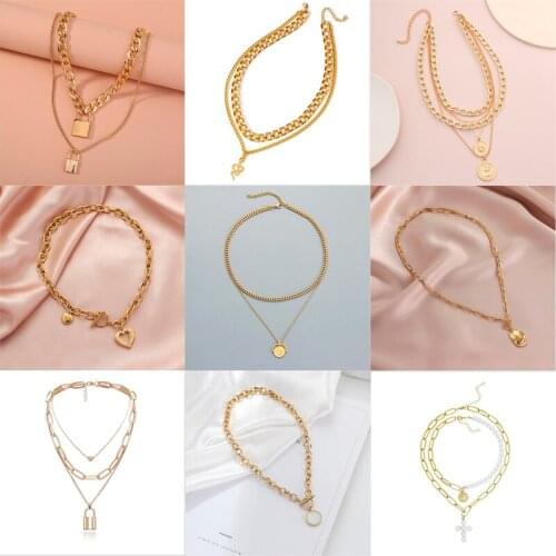 JINGLANG Metal multilayer short necklace female wild clavicle chain OT buckle round pendant necklace party Accessories jewelry