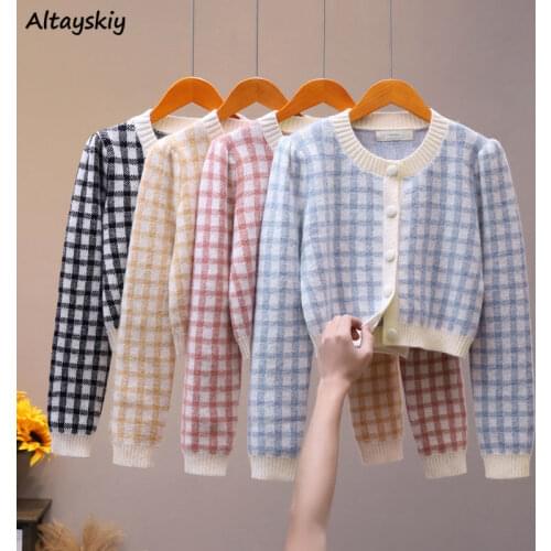 Cardigan Women Elegant Vintage Plaid Short Slim Soft Korean Style Fashion Office Lady Long Sleeve Spring Autumn All-match Chic