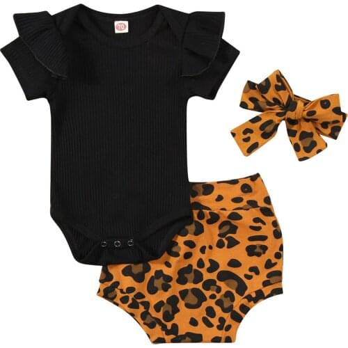 Infants Three Piece Set, Babys Solid Color Short Sleeve Romper Leopard Print Shorts Hair Band for Girls