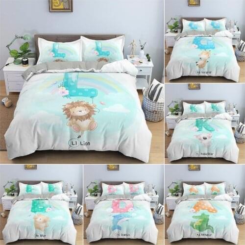 Cartoon Print Bedding Set Letter Animal Pattern Duvet Cover Bedclothes With Pillowcase King Queen Home Textile 2/3Pcs