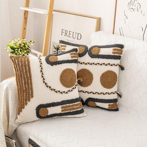 Brown Grey Geometric Embroidery Cushion Cover Tassels Home Decor Pillow Cover 45x45cm /30x5cm Sofa PillowCase Pillow Sham