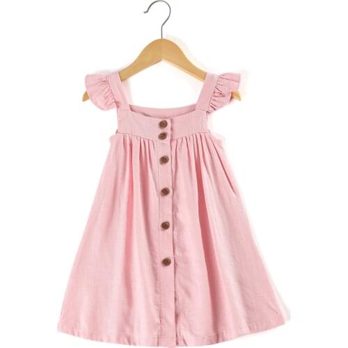 Fashion Petal Sleeves Button Pink Loose Strap Princess Baby Girls Linen Dress Kids