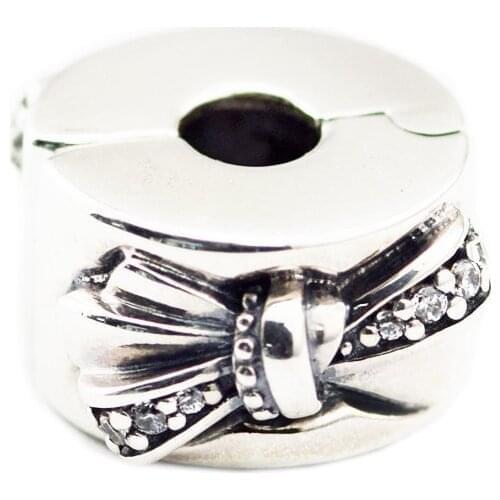 Fashion Shiny Bow Clip Beads for Bracelets Silver 925 Original Women Jewelry Clear CZ Crystal Charm Beads for Jewelry Making