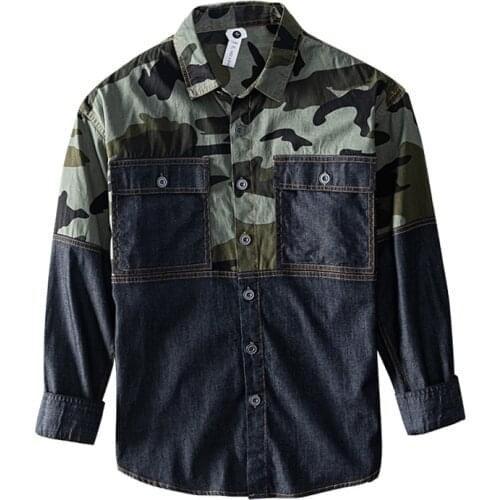 Camouflage Patchwork Denim Shirt for Men Long Sleeve 100%cotton Tops Casual Turn-down Collar Male Retro Clothes