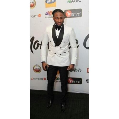 Men Suits Shawl Collar Double Breasted 2 Pieces Groom Tuxedo Evening Party Prom Suit Ivory Suit Black Pants(Jacket+Pants+Bow Tie