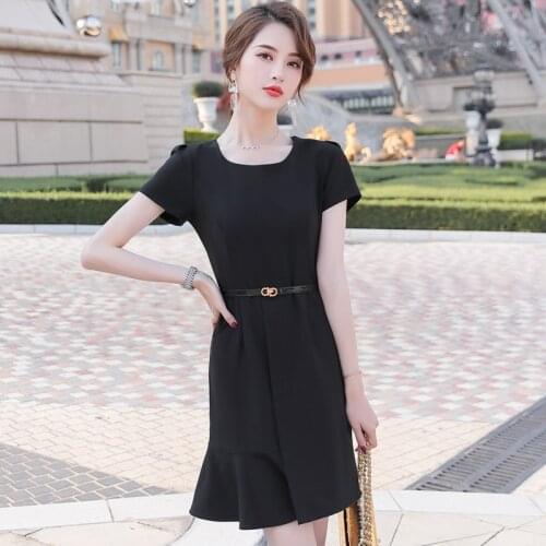 IZICFLY New Summer Styles Slim Elegant Asymmetric Black Dresses Women Business Ladies Office Uniforms Vestidos Work Wear-No Belt