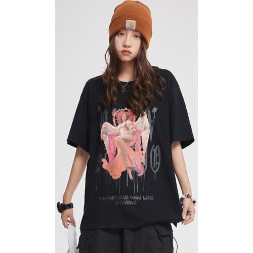 Original Europe USA Devil Print Dark High Street Short Sleeve T-shirt Women And Men Loose Retro Round Neck Tops Plus Size