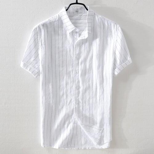 2018 New brand mens linen short-sleeved striped shirt loose casual flax shirt mens M-3XL summer white shirts male camisa