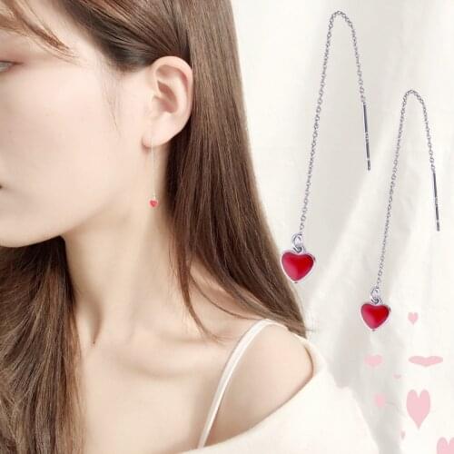 WYJZY Red love drop earrings long temperament personality earrings simple match ladies jewelry heart-shaped dangler