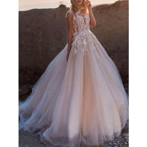 Wedding dresses 2020 princess silhouette jewel neck sleeveless natural waist lace soft pink tulle bridal gowns