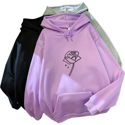 Black Rose Flower Printed Hoodie Sweatshirts Women Long Sleeve Streetwear Hoody Female Harajuku Cotton Hooded Tops Pullovers