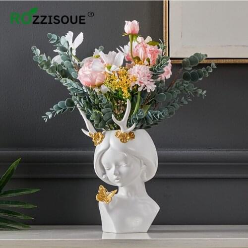 Nordic Antlers Girl Face Vase for Flowers Ornaments Flower Vases Decor Living Room Flower Arrangement Cute White Vase Flower Pot