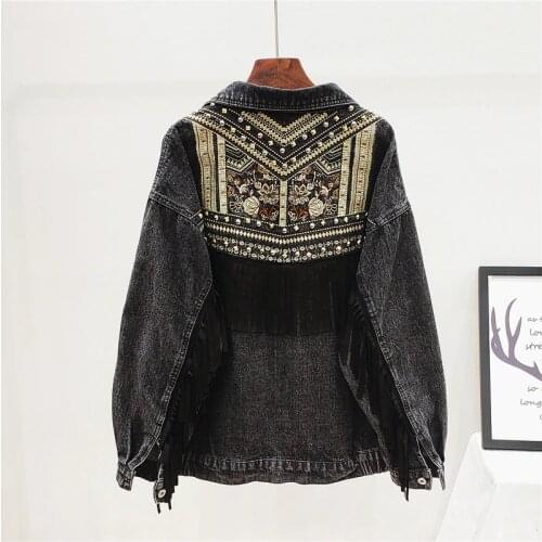 Vintage Denim Women Jacket Spring Floral Embroidery Suede Fringe Loose Long Sleeve Streetwear Outerwear Female Boho Jacket Z129