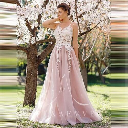 Vintage Pink Tulle Sleeveless Evening Dresses White Appliques A-Line Prom Party Gowns Backless Formal Dress Plus Size Girl Dress