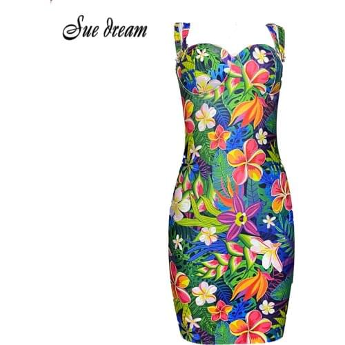 High Quality Sexy Flower Print Sleeveless Sling Dress Elegant Celebrity Designer Club Party Dress Vestido