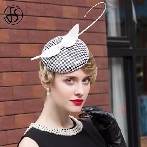 FS Bowknot Feather Plaid Party Hats For Women Sinamay Fascinator Hat Wedding Church Bridal Cocktail Headwear Kentucky Derby Hats