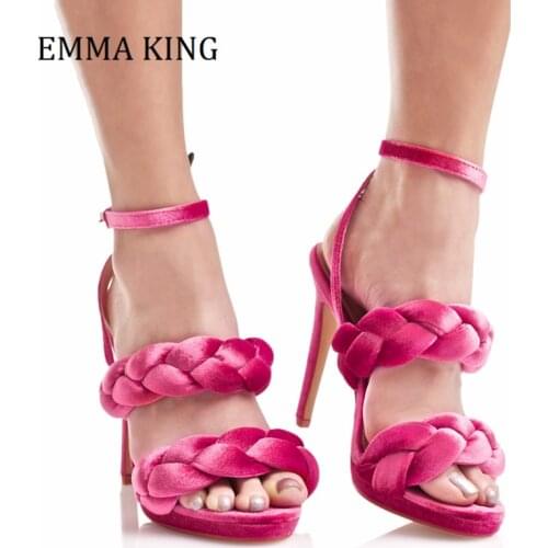 2021 Summer Women Velvet High Heel Sandals Pink Serpentine Braided Ankle Buckle Sandals Women Sexy Party Dress Banquet Shoes