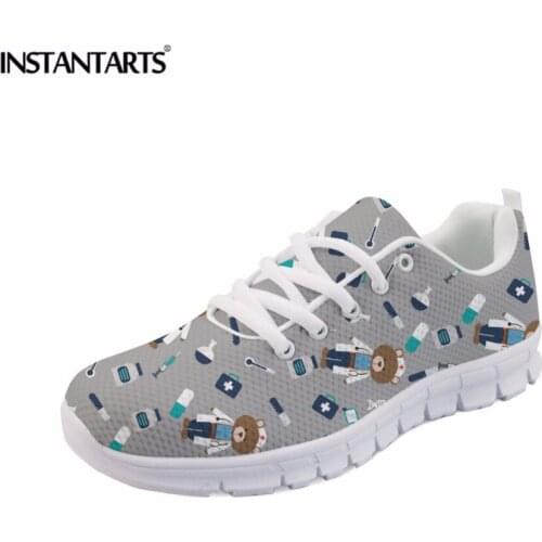 INSTANTARTS Cute Cartoon Pediatric Doctor Pattern Sneakers Women Casual Flats Lace Ups Lightweight Mesh Flat Shoes for Woman