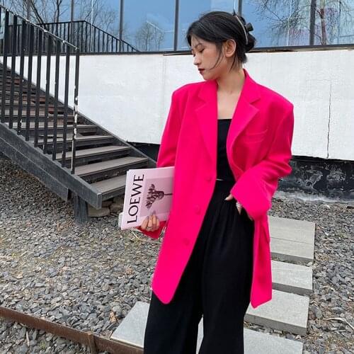 Rose Red Blazer Women Loose Casual Spring Autumn 2021 New Notched Collar Korean Loose Single Breasted Oversized Female Outwear