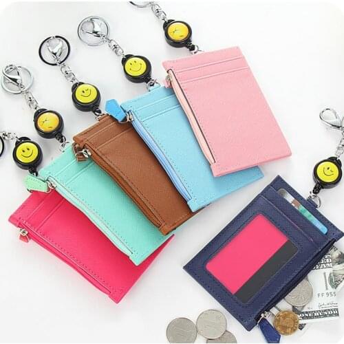 Women Retractable Card Holder Coin Purses Keychain 4 Card Compartments Casual Fashion Business Coin Bags Purse Wallet Handbag