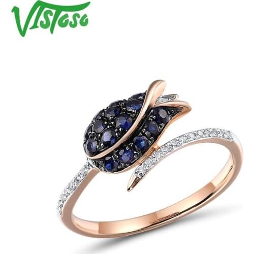 VISTOSO Pure 14K 585 Rose Gold Ring For Women Ring shining Diamond Blue Sapphire Luxury Wedding Engagement Elegant Fine Jewelry